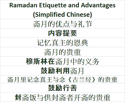 Ramadan Etiquette and Advantages Chinese 斋月的优点与礼节 Zhāiyuè de yōudiǎn yǔ lǐjié