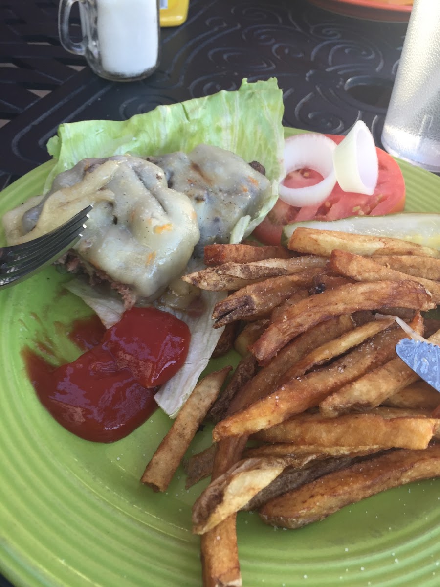 Bunless burger and pan fried French fries