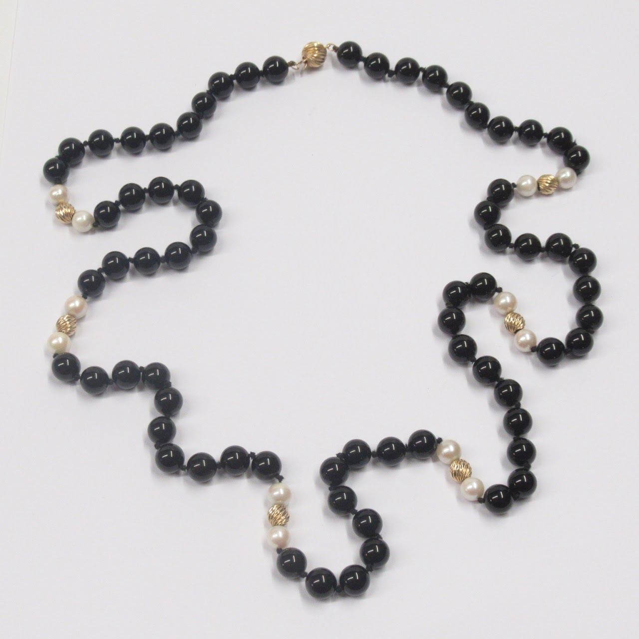 Onyx, Pearl, & 14K Gold Bead Necklace