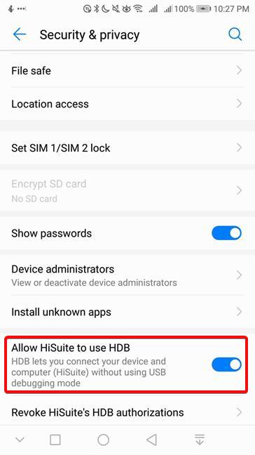 Permitir que HiSuite use HDB en Android