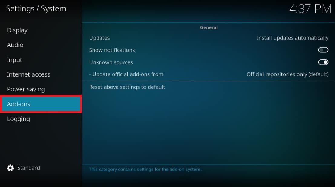 คลิกที่ Add on ที่บานหน้าต่างด้านซ้าย  วิธีแก้ไข Kodi หยุดทำงานเมื่อเริ่มต้น