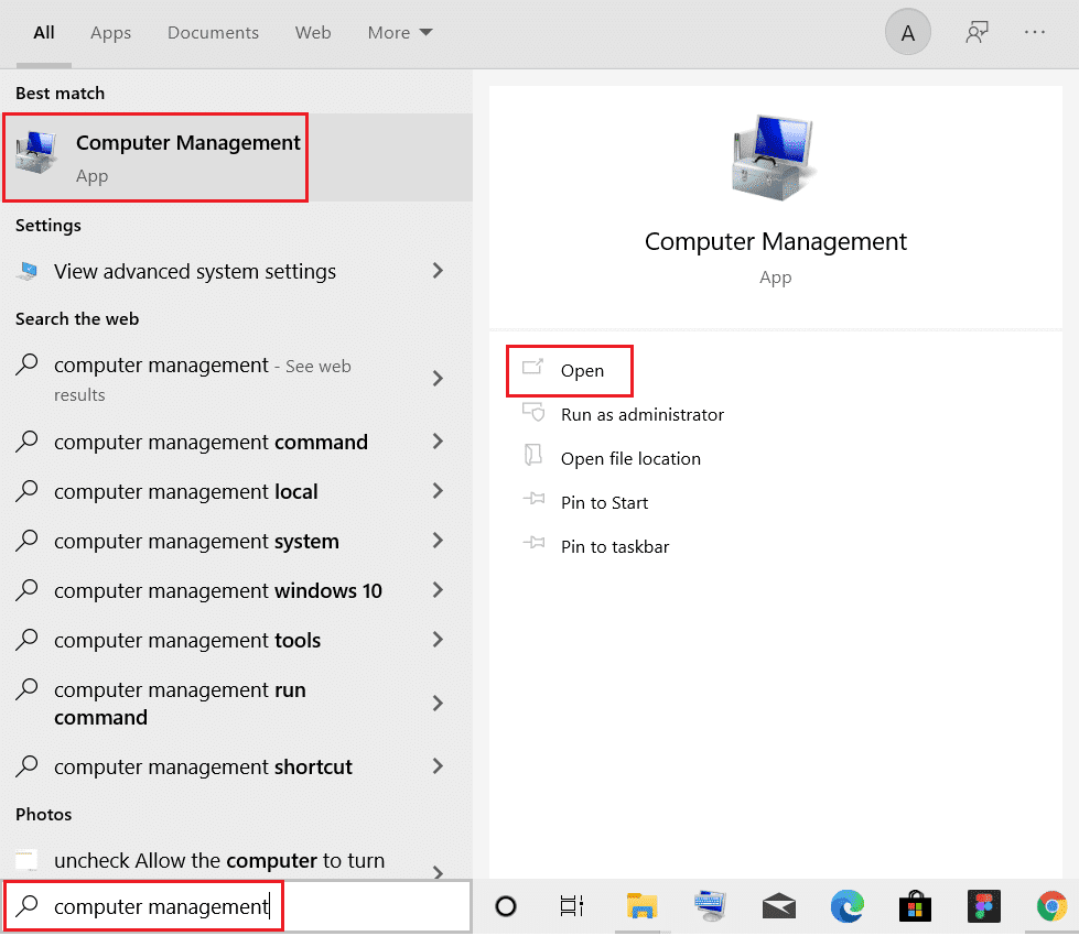 start de Computer Management-app vanuit de Windows-zoekbalk.  Hoe te repareren Toegang wordt geweigerd Windows 10