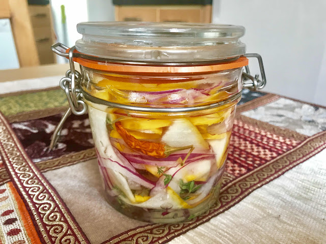 Pickled pattypan squash with thyme and chillie