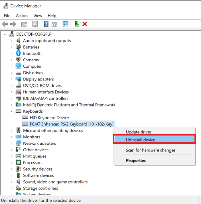 Haga clic derecho en los controladores de su teclado y seleccione Desinstalar dispositivo