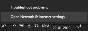 Haga clic derecho en el ícono de red en el área de notificación y seleccione Abrir configuración de red e Internet