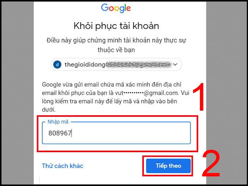 Nhập mã từ địa chỉ Email dự phòng