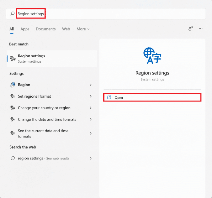 Zoekresultaten in het menu Start voor Regio-instellingen.  Hoe Microsoft Store te repareren die niet wordt geopend op Windows 11