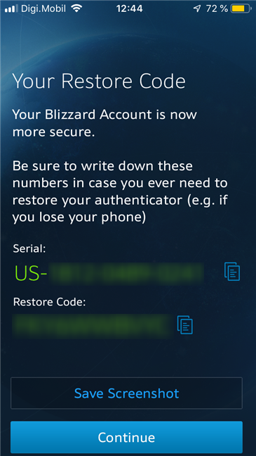 Blizzard Authenticator 앱에 표시된 일련 번호 및 복원 코드