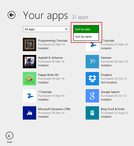 Windows 8.1, app, elenco, Store, installato, non installato