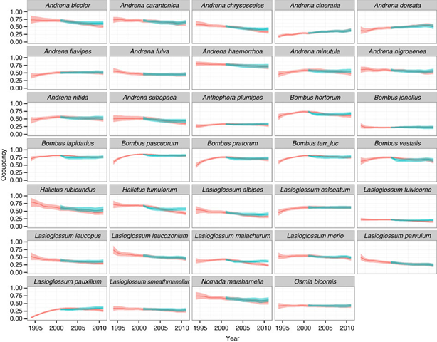 U.K. wild bee species population persistence trajectories, based on fitted values from individual species models (red line) and compared with an idealized model in which no neonicotinoids were applied following their first widespread use in 2002 (blue line). Shaded areas show 95 percent credible intervals. Graphic: Woodcock, et al., 2016 / Nature Communications