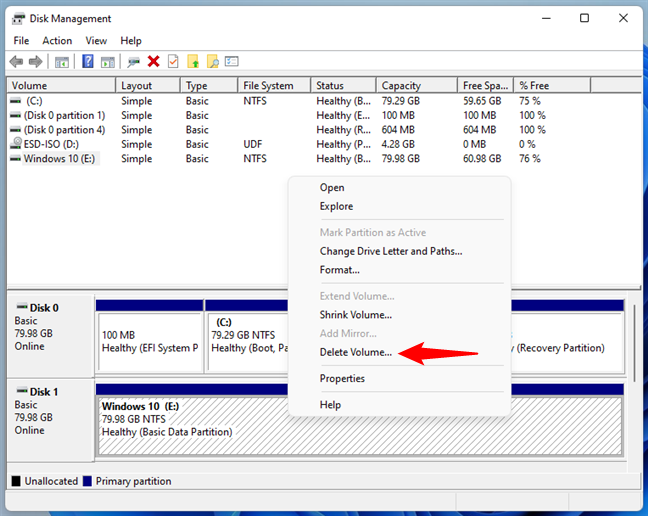 Suppression d'une partition Windows dans la gestion des disques