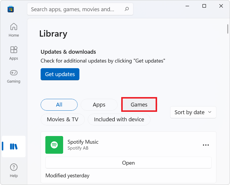 sélectionnez l'option Jeux dans le menu Bibliothèque du Microsoft Store.  Comment réparer Halo Infinite Tous les membres Fireteam ne sont pas sur la même erreur de version dans Windows 11