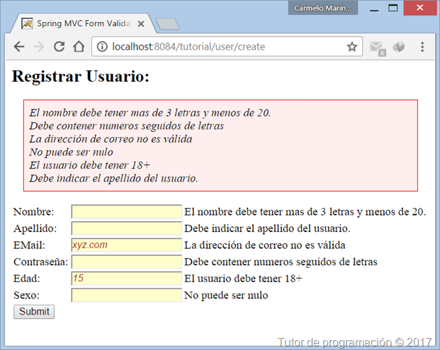 Spring MVC cambiar mensaje de validacion