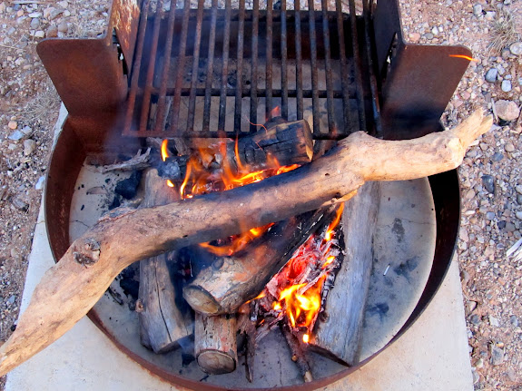 Fire for cooking a dinner of bratwurst and hot dogs