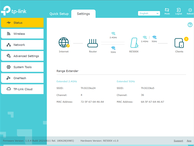 TP-Link RE500X 的管理员用户界面