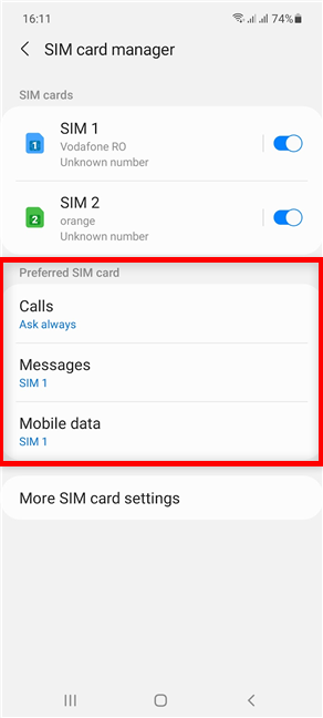 모든 옵션에 기본 SIM 카드 설정