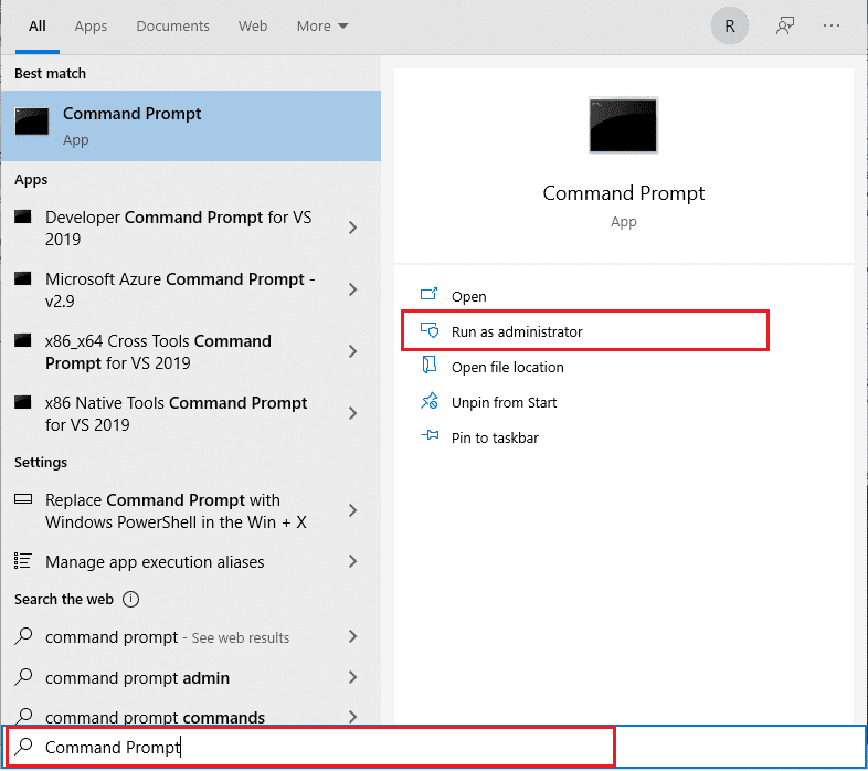 เปิดเมนู Start พิมพ์ Command Prompt แล้วคลิก Run as administrator ที่บานหน้าต่างด้านขวา