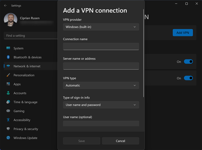 Inserisci i dettagli della connessione VPN