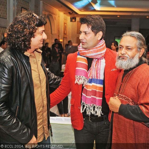 Indian Ocean band members Amit Kilam and Rahul Ram with singer Jasbir Jassi (C)at the book launch party of Times Food and Nightlife Guide, Delhi, 2014, held at hotel ITC Maurya, New Delhi, on January 27, 2014.