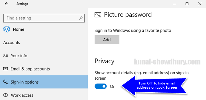 Windows 10 Settings - How to turn OFF showing email address on sign-in screen (www.kunal-chowdhury.com)