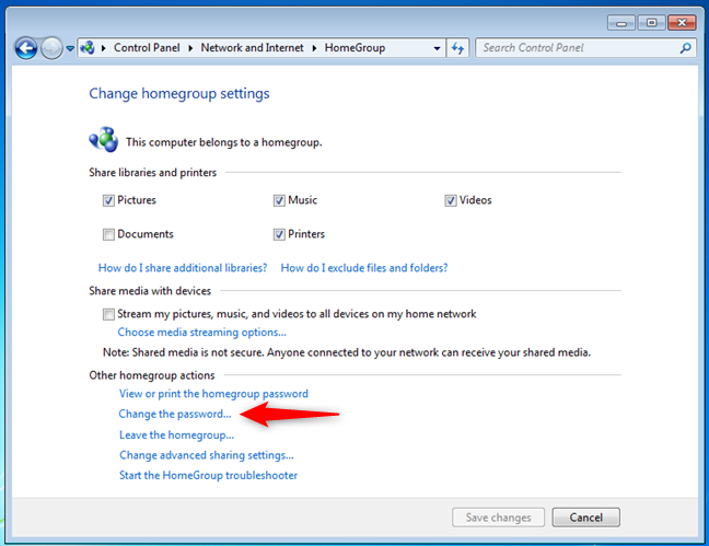 เปลี่ยนรหัสผ่านของโฮมกรุ๊ป Windows 7