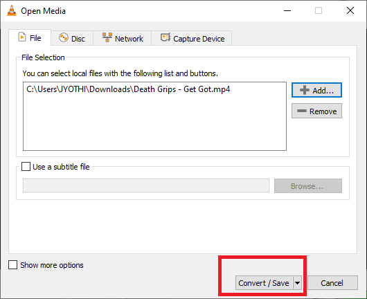 คลิกตัวเลือก Convert/Save หลังจากเลือกไฟล์วิดีโอแล้ว Quick Guide to Convert MP4 to Mp3 ผ่าน Windows Media Player