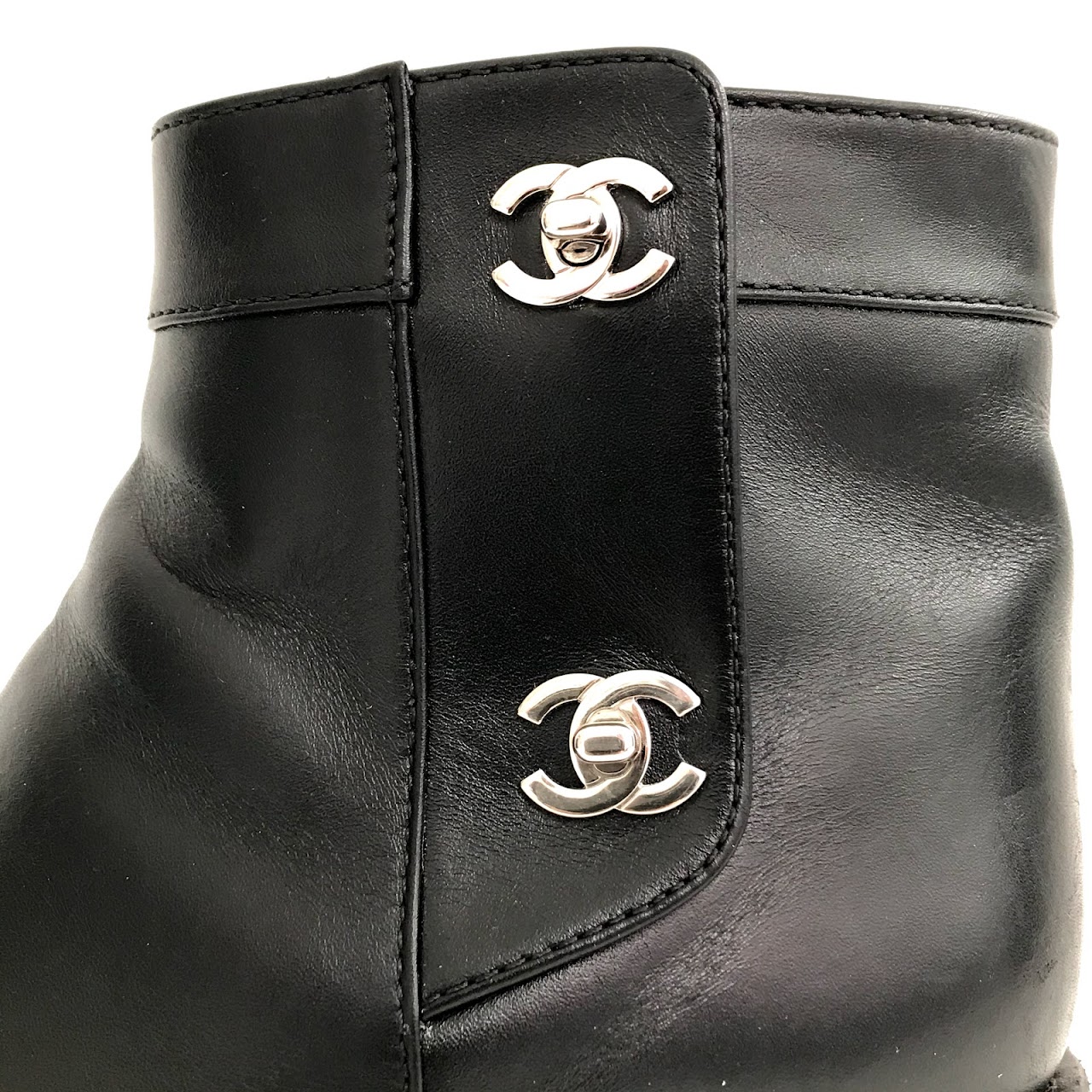 Chanel Black Calfskin Leather Turnlock Cc Ankle Boots Booties