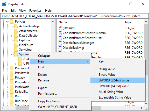 Klik met de rechtermuisknop op Systeem en selecteer vervolgens Nieuwe DWORD (32-bits) waarde