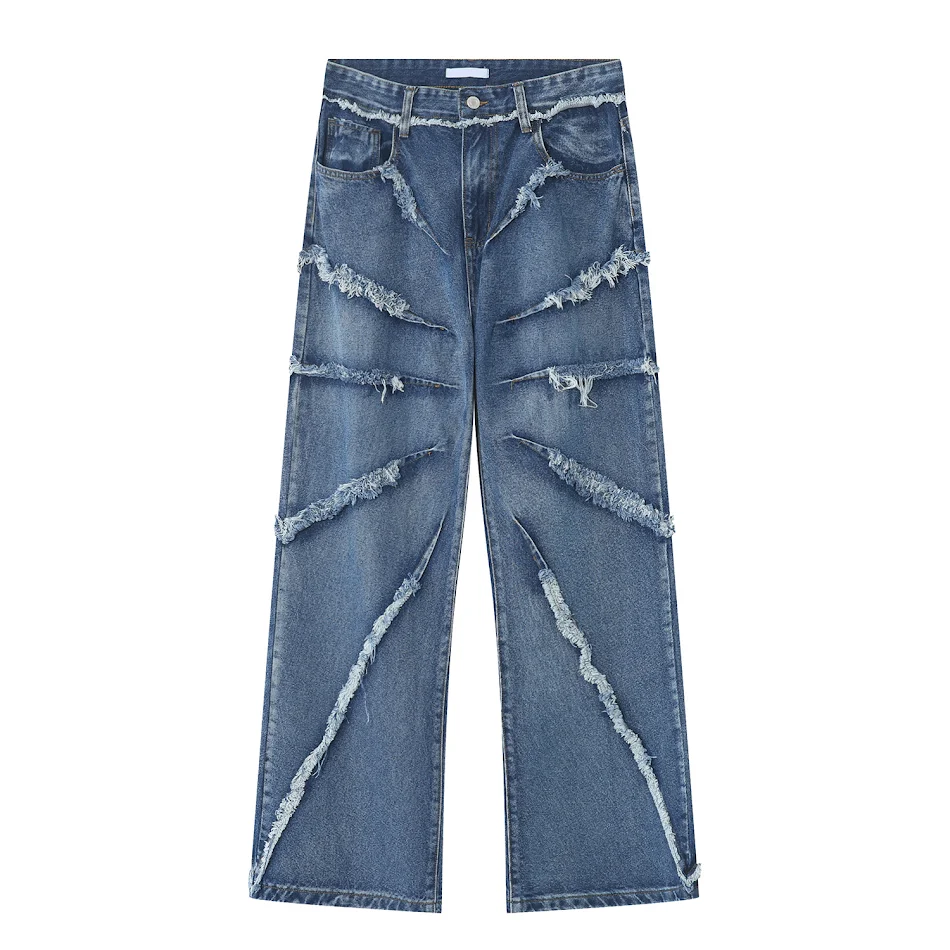 Personalisierte Hip Hop Fransen Burr Jeans Hose mit weitem Bein, lockerer Passform, stilvoll und bequem für dich.