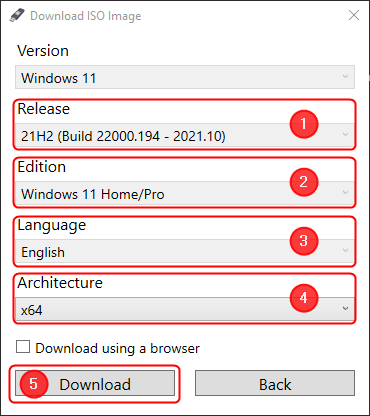 Windows 11의 릴리스, 에디션, 언어 및 아키텍처를 선택하십시오.