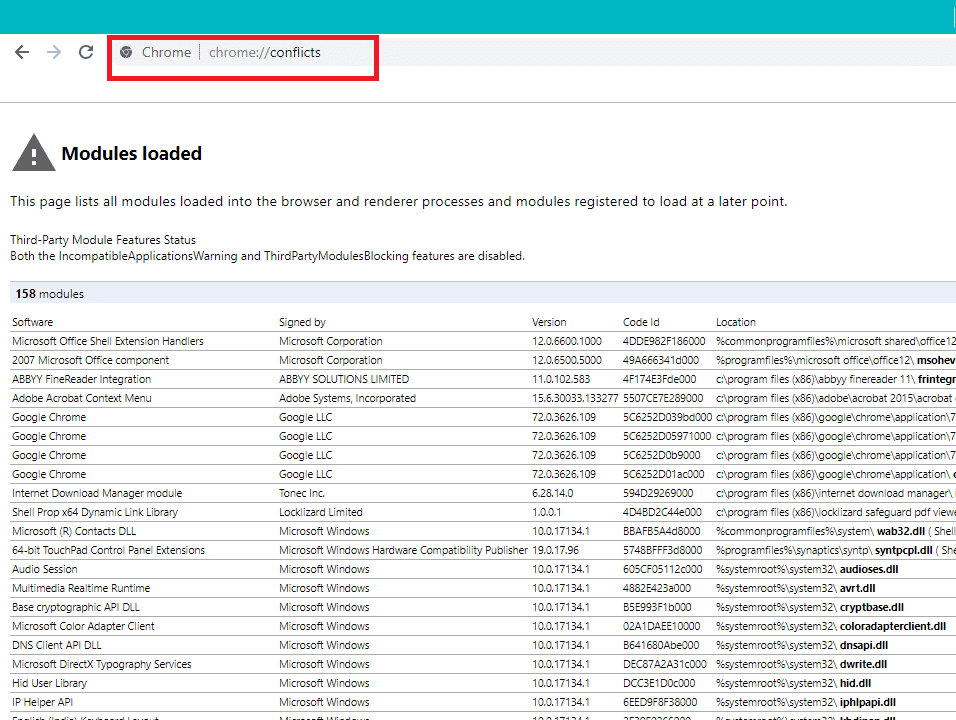 Chrome이 충돌하는 경우 충돌하는 소프트웨어가 있는지 확인