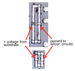 Metal loops are used to get positive voltage (Vcc) from the substrate and feed it to circuits that need it.