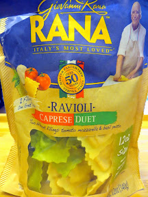 I used Giovanni Ravioli Caprese Duet, in your refrigerated section, this one is stuffed with either basil pesto or caprese and mozzarella, and offers two colors, green and white! I'm a fan of the various ravioli of this brand as there are many options, such as also their artichoke, mushroom, chicken rosemary and more