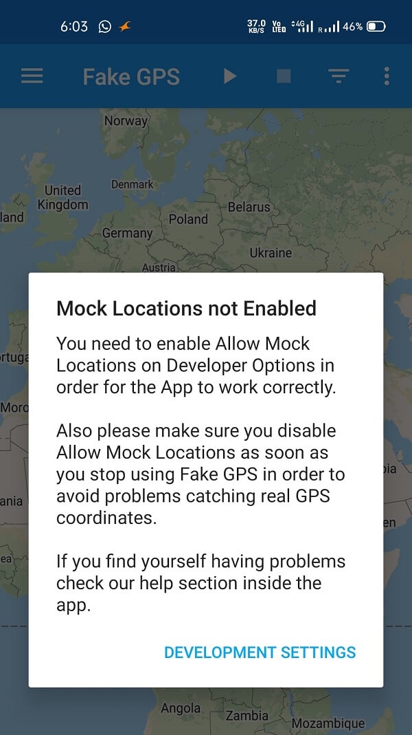 Выберите приложение Mock Location в параметрах разработчика и выберите FakeGPS Free.