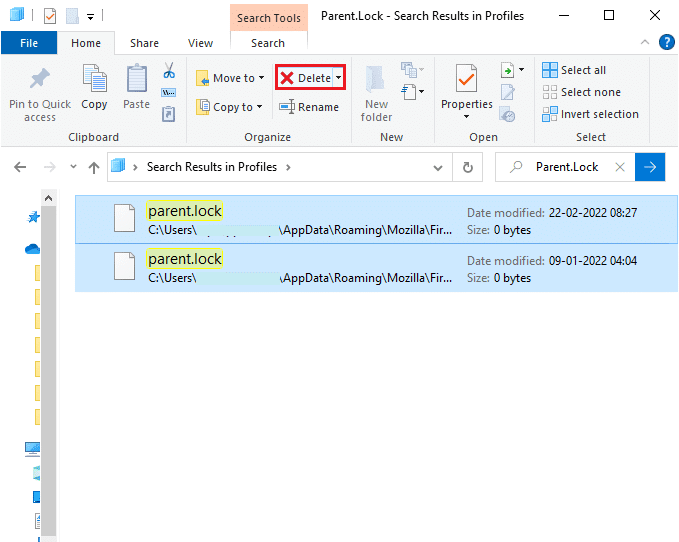 Luego, seleccione todos los archivos parent.lock y haga clic en el botón Eliminar