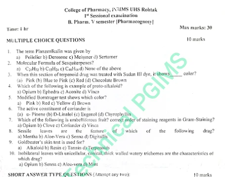 1st sess Pharmacognosy 5th Semester B.Pharmacy Previous Year's Question Paper,BP504T Pharmacognosy and Phytochemistry II,BPharmacy,BPharm 5th Semester,Previous Year's Question Papers,