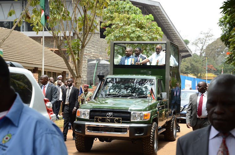 President Uhuru Kenyatta, Nairobi Governor Mike Sonko with Devolution CS Mwangi Kiunjuri during the Nairobi International Trade Fair on October 2, 2019.