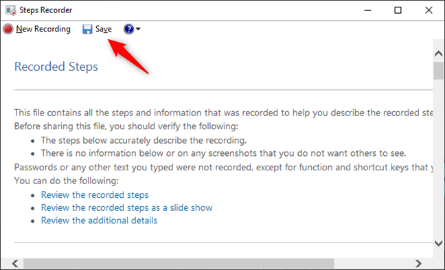 Salva una registrazione con Steps Recorder