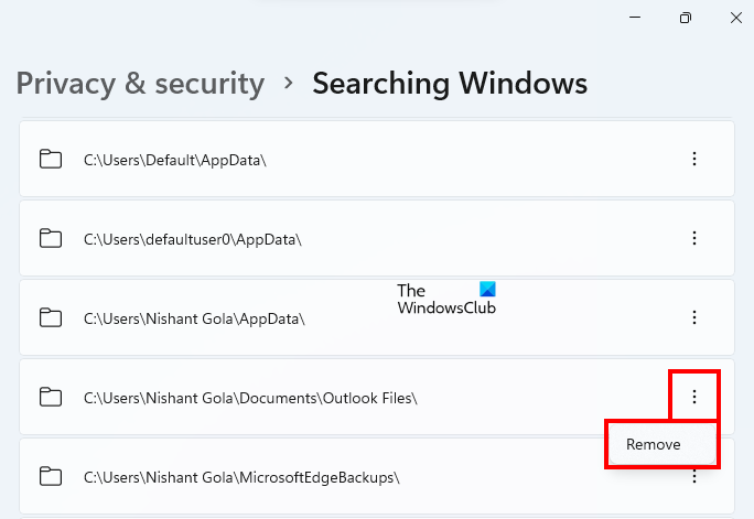 Supprimer le dossier exclu de Windows Search