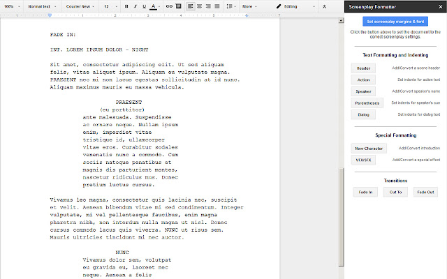 Screenshot of Screenplay Formatter