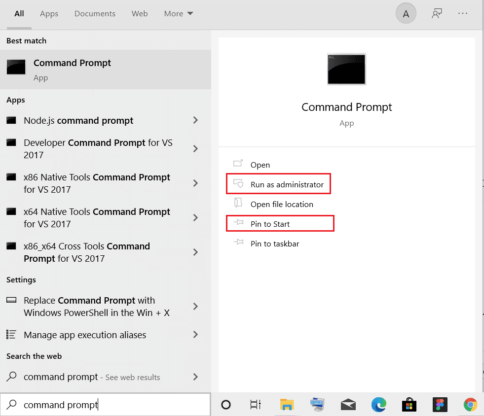 elija anclar para iniciar o ejecutar como opción de administrador para el símbolo del sistema en la barra de búsqueda de Windows.  Cómo arreglar el acceso denegado Windows 10