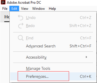 ใน Adobe Acrobat Reader ให้คลิกแก้ไข จากนั้นคลิก Preferences |  แก้ไขไฟล์เสียหายและไม่สามารถซ่อมแซมได้