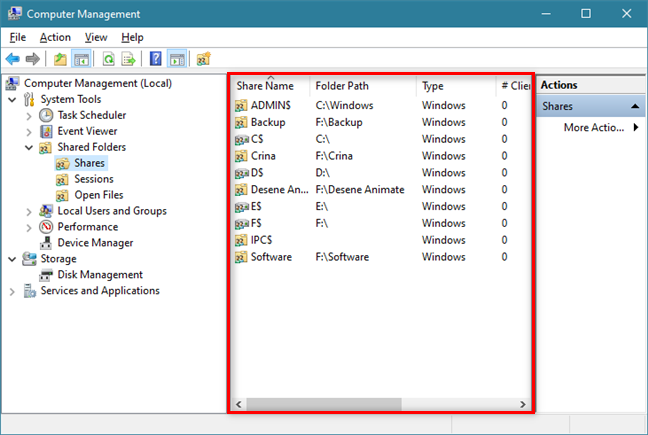 Список общих папок включает общие папки Windows по умолчанию.