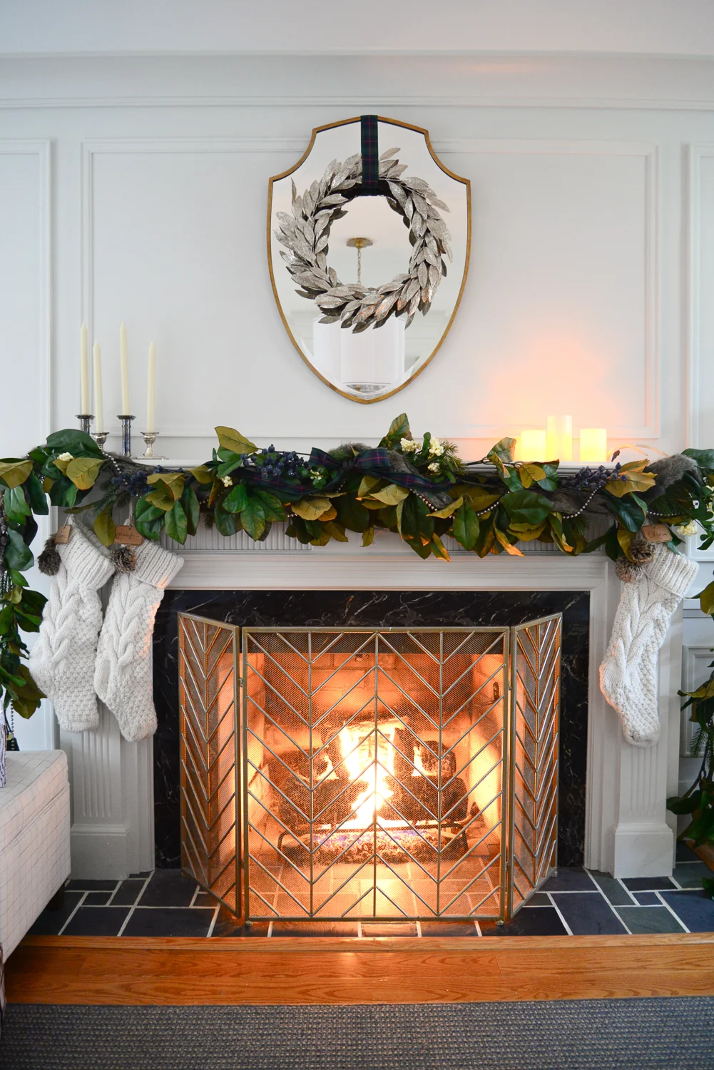 traditional christmas mantel, magnolia garland, christmas mantle