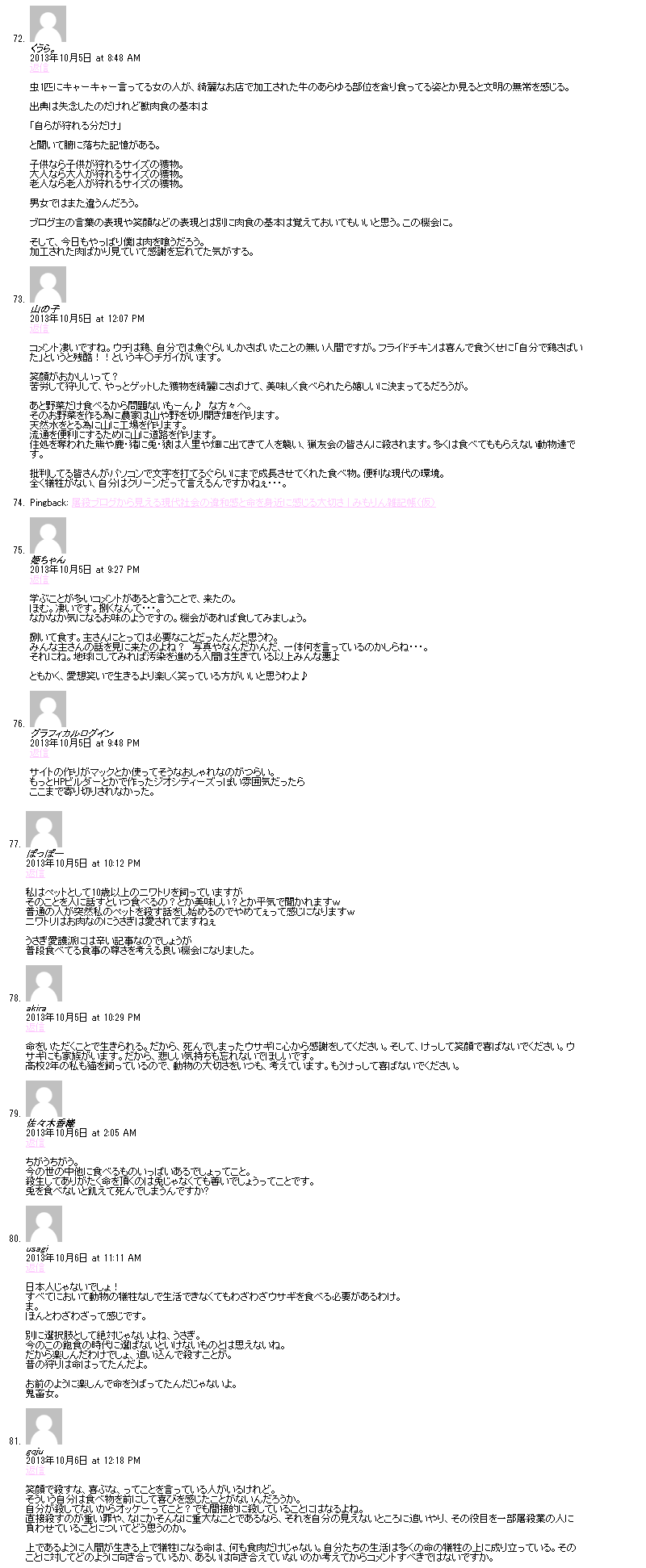 ウサギを狩って解体して食べた女の子のブログが炎上。「家族も苦しめ」「◯ね」等と酷いコメントをする馬鹿も出現