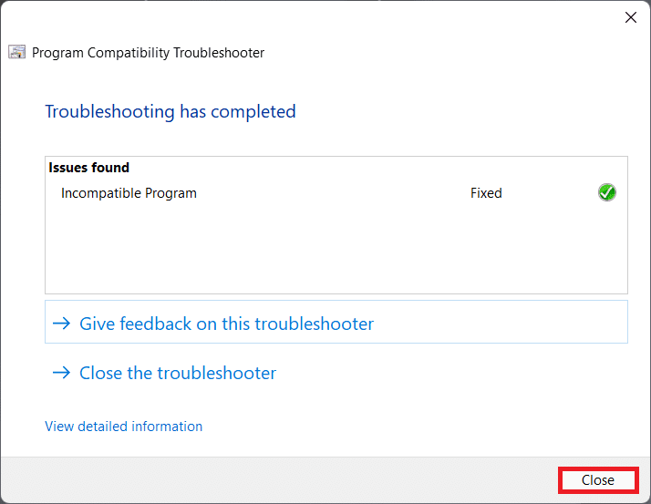 Закрыть средство устранения неполадок совместимости программ