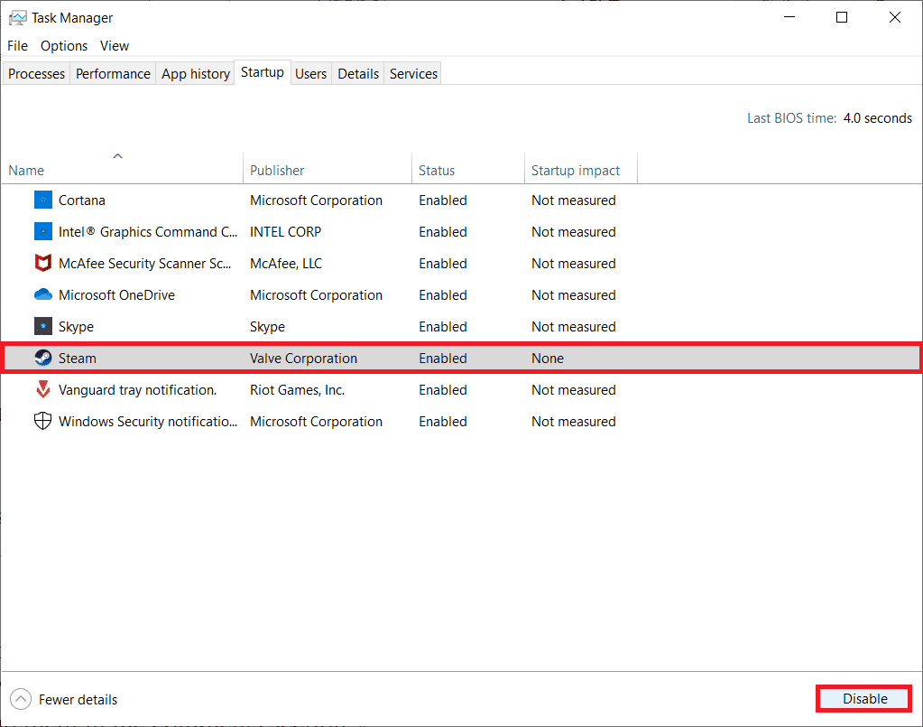 Selecteer de onnodige programma's en klik op Uitschakelen.  Valorant FPS-druppels repareren