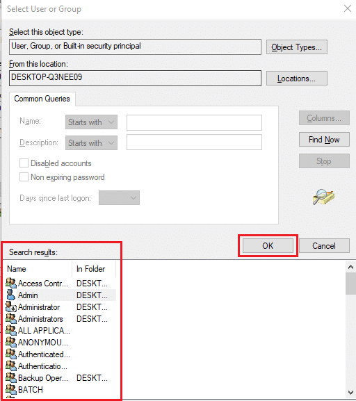 아래에 도착하는 검색 결과에서 계정을 찾아 선택하고 확인을 클릭하십시오.  Windows 10에서 액세스가 거부되는 문제를 해결하는 방법