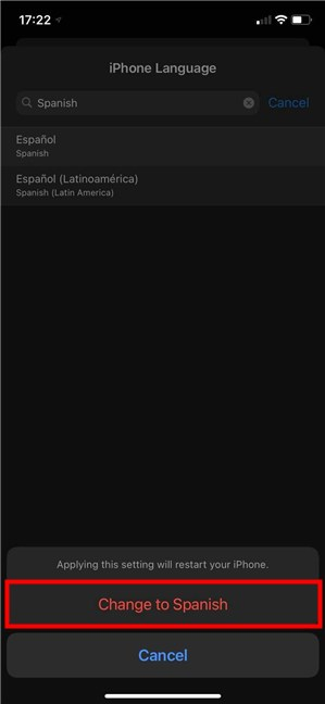 Confirme su elección para cambiar el idioma en iPhone