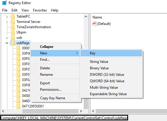 usbflags สร้างคีย์ใหม่ในรีจิสตรี